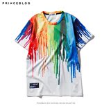 PrinceBlog夏季涂鸦情侣潮流彩虹条纹男青年个性创意短袖休闲T恤