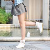 2016新款靴子女春秋短靴内增高平跟学 蝴蝶结甜美女靴 白色女鞋