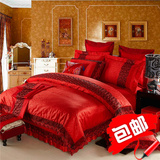 欧式高档全棉贡缎提花奢华婚庆六件套床上用品大红色直销包邮