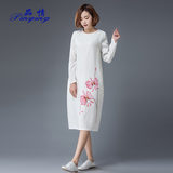 品情2016春季新款中国风手绘水墨画元素宽松大码长袖连衣裙新品