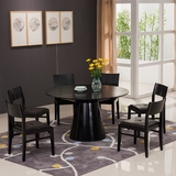 餐桌椅组合圆桌简约现代黑色实木贴皮圆形餐桌一桌6椅小户型饭桌