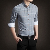 2015秋季新款男士长袖衬衫纯棉大码修身青年韩版商务常规格子衬衣