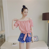 夏季新款韩版女装气质一字领显瘦格子纹蝴蝶结系带短款衬衫+L511