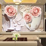 大型3D无缝墙纸壁画玫瑰浮雕客厅电视背景墙仿瓷器花瓶壁纸 墙画