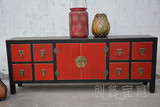 中国风红色古典柜子 仿古造旧长型矮柜地柜电视柜