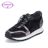 哈森女鞋真皮鞋系带跑步运动正品牌酒红黑色蓝色水钻中跟深口单鞋