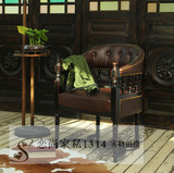 现货美式复古实木餐椅咖啡厅椅欧式客厅新古典拉扣皮艺沙发老虎椅