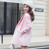 毛呢外套女2015秋冬新款韩版宽松玫瑰刺绣呢子大衣翻领中长款外套
