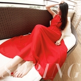 连衣裙女夏2016新款修身显收腰系带大摆红色波西米亚沙滩雪纺长裙