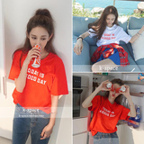韩版2016夏季女装新款字母印花纯色宽松慵懒风短袖圆领套头T恤衫