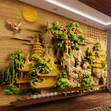 高清山水浮雕木雕3D立体墙纸电视背景壁纸办公室书房无缝中式壁画