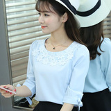 2016夏季韩版新款雪纺衫女甜美衬衫白色宽松蕾丝t恤百搭短袖上衣