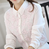 职业衬衫女2016春装新款韩版修身POLO领长袖蕾丝拼接雪纺衫衬衣潮