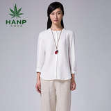 Hanp/汉麻世家纯色圆领文艺衬衫 中长款长袖全麻衬衣 女白色衬衫