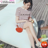 milkcocoa 2016年夏季女装韩版修身短袖条纹连衣裙中长款T恤新款