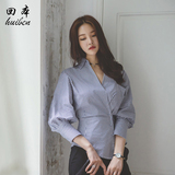 衬衣灯笼袖2016春秋女装韩版个性修身收腰上衣不对称燕尾条纹衬衫