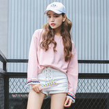 新款大码正品粉色长袖T恤女士宽松衣服韩国学生个性拼接女装上衣