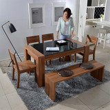 1.4米钢化玻璃餐桌椅组合 黑色长方形现代简约时尚宜家胡桃木家具