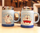 创意卡通机器猫陶瓷杯马克杯可爱水杯子情侣水杯咖啡杯带盖牛奶杯