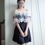 韩版春夏新款蕾丝一字肩半袖上衣抹胸短裙两件套小香风连衣裙套装