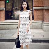 韩国代购女装撞色镂空一步裙2016夏季新款韩版中长款蕾丝连衣裙女