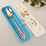 韩国进口Hearty Bear儿童筷子勺子，盒装便携筷勺，304不锈钢
