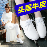 新款小白鞋女系带真皮春季平跟单鞋小圆头皮鞋韩版休闲护士女鞋子