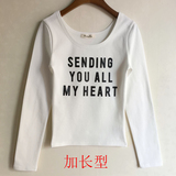 2016春秋新款韩版紧身长袖T恤女弹力打底衫字母短款上衣潮学院风