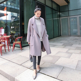 定染紫灰色手工双面羊毛呢中长款大衣2016春装简约设计气质外套女