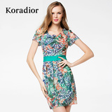 Koradior/珂莱蒂尔正品夏季韩版修身显瘦网纱收腰时尚印花连衣裙
