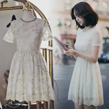 新品韩版刺绣花朵礼服连衣裙夏短袖修身名暖气质蓬蓬蕾丝裙a字型