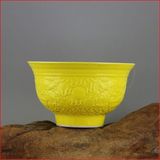 热卖清代黄釉雕刻海水龙纹薄胎瓷碗 景德镇仿古做旧瓷器手工艺瓷