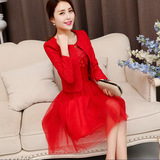 2016春季女装高端奢华两件套蕾丝网纱连衣裙红色婚礼服 演出服