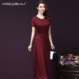 vooguu2016夏季新款中长款重磅真丝连衣裙收腰系带桑蚕丝优雅女装