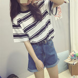 2016夏季韩版新款简约条纹宽松T恤+复古高腰卷边牛仔短裤两件套女