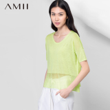 Amii女装 2016夏装新款宽松休闲圆领箱型棉麻薄毛针织衫女打底衫