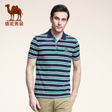 骆驼男装 男士短袖T恤 夏季休闲衬衫领宽松薄条纹polo款式短体恤