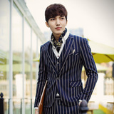 竖条纹修身男士韩版小西装 新款紧身款西服外套男式礼服2色三件套
