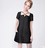 DANCC 2015夏季新品 优雅交叉领黑色A型廓形简约小礼服连衣裙