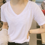 竹节棉白色短袖T恤女大码女装夏季宽松V领半袖体恤韩版新品纯棉潮