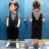 夏款2016韩版中小女童装宝宝3岁纯色条纹短袖背带九分裤二件套装
