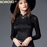 Bomovo2016清仓新款欧美高档V领蕾丝拼接打底衫女黑色显瘦上衣春