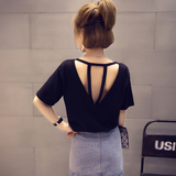 2016夏季新款韩版宽松显瘦短袖t恤女半袖纯色体恤露背打底衫上衣
