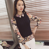 2016春季新款韩版女装麻花背心花色衬衫长袖修身显瘦假两件针织衫
