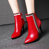 秋冬款欧洲站时尚女鞋真皮短靴女靴子细跟水钻高跟红色女士短筒靴