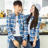 2015秋季韩版潮男女情侣长袖格子衬衫上衣 修身纯棉格子衬衣男装
