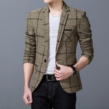 春秋季男士薄款夹克外套青年韩版修身商务男装休闲夹克衫格子上衣