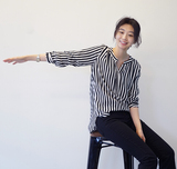 【韩国东大门代购】女装2016春装新款气质V领条纹不规则长袖衬衫