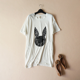 2016夏季新款女装 韩系圆领短袖兔子图案蝙蝠袖莫代尔棉中长T恤