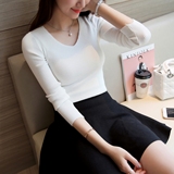 韩版秋装新款V领纯色显瘦长袖大码针织衫T恤潮修身打底上衣女薄款